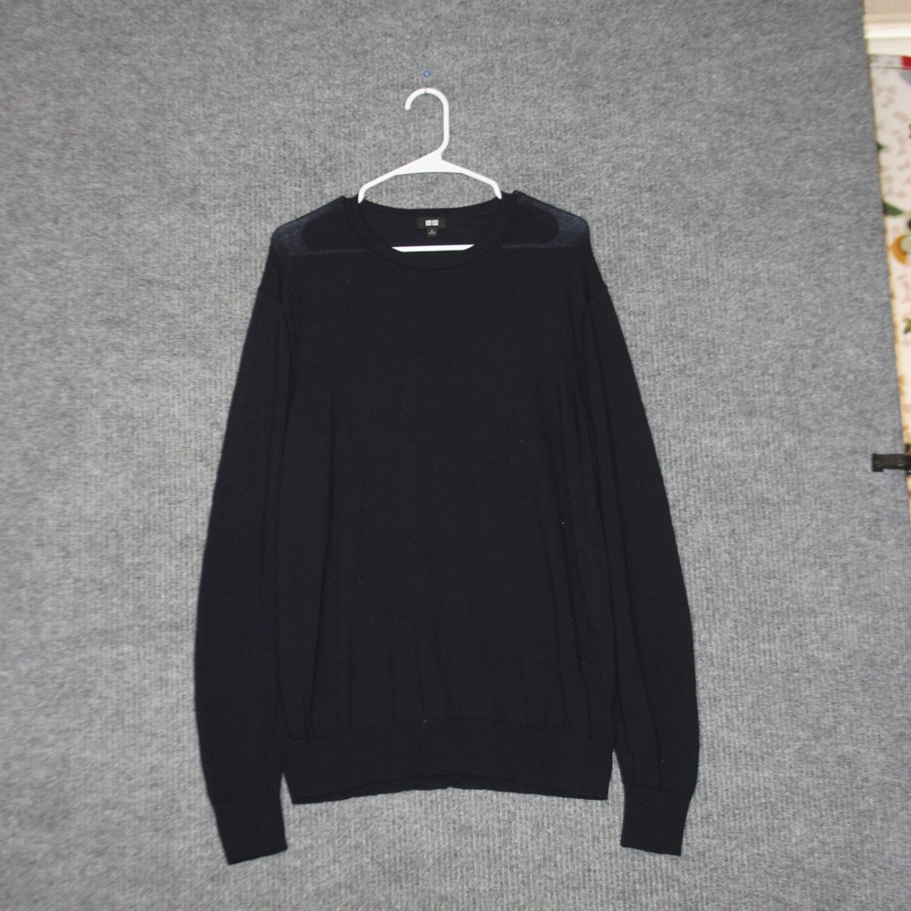 Uniqlo Crewneck Sweater Womens L Navy Blue 100% Wool Knit Long Sleeve Minimalist